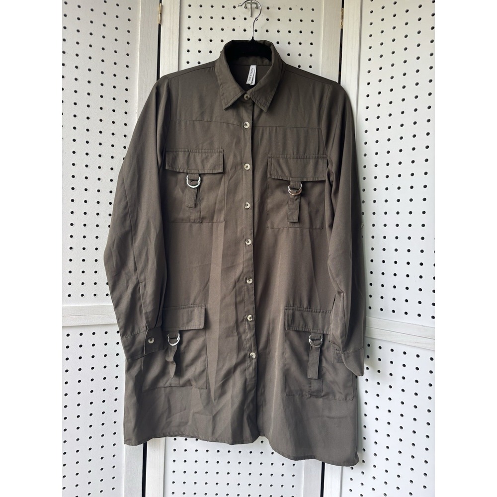 Live 4 Truth Button Down Tunic Dress Buckle Pockets Long SLV Green Women's S